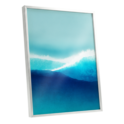Tidal Reverie, blue, white, green nature wall art shown as a silver framed poster wall art print
