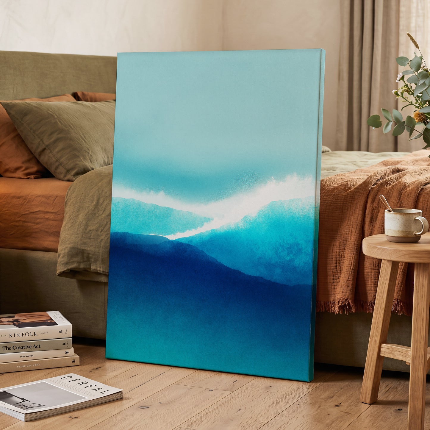 Tidal Reverie, blue, white, green nature wall art displayed in a styled interior, gallery view 3