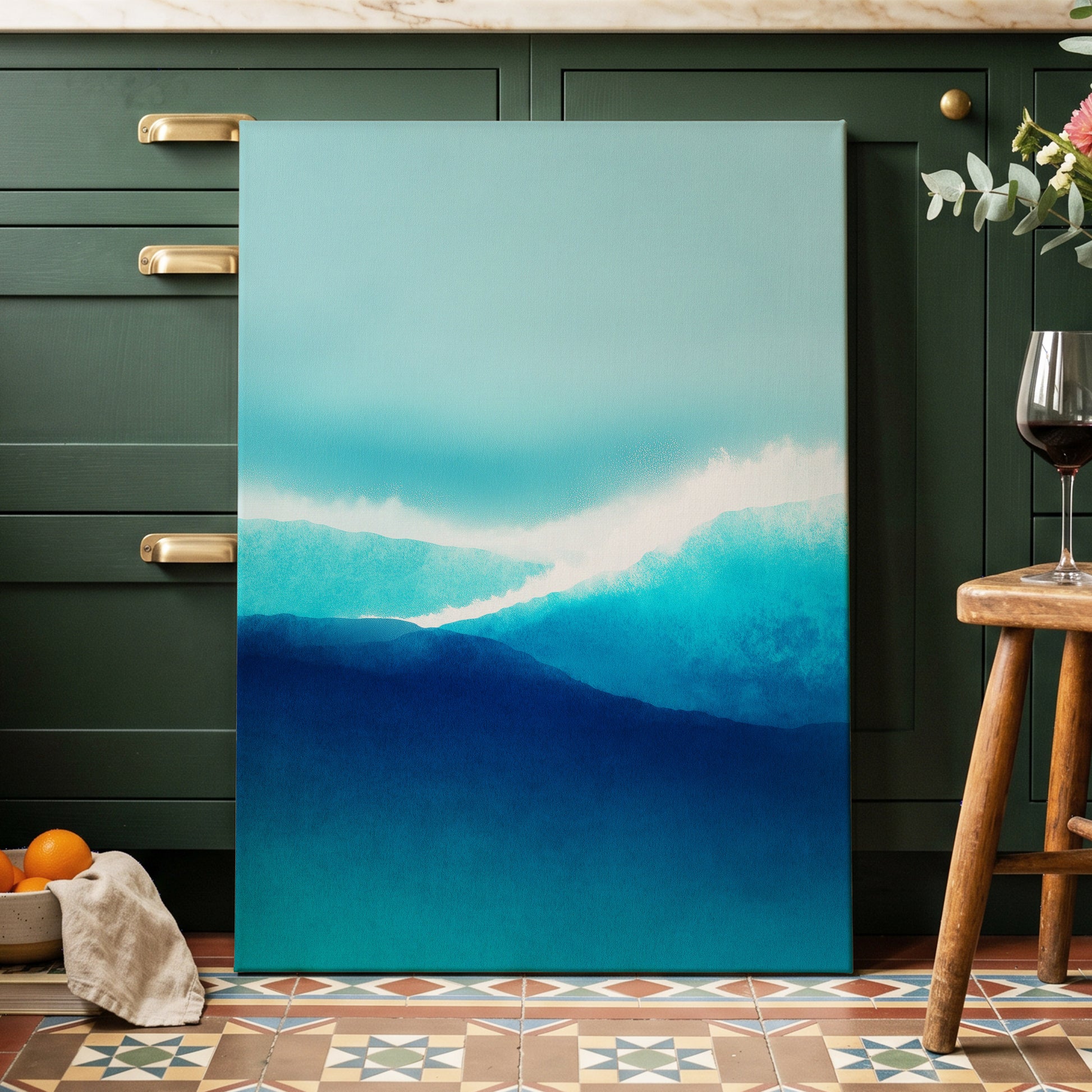 Tidal Reverie, blue, white, green nature wall art displayed in a styled interior, gallery view 7
