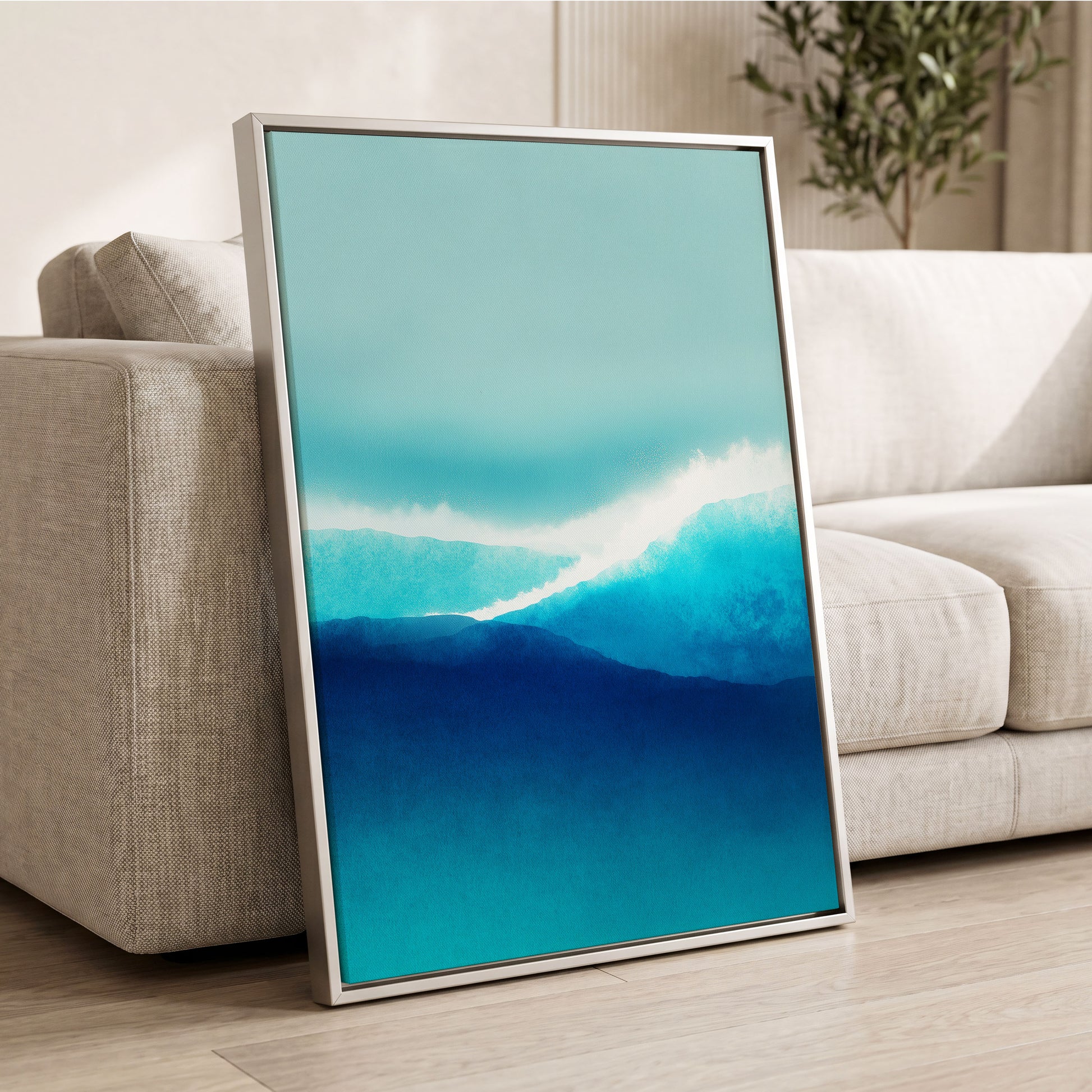 Tidal Reverie, blue, white, green nature wall art displayed in a styled interior, gallery view 8