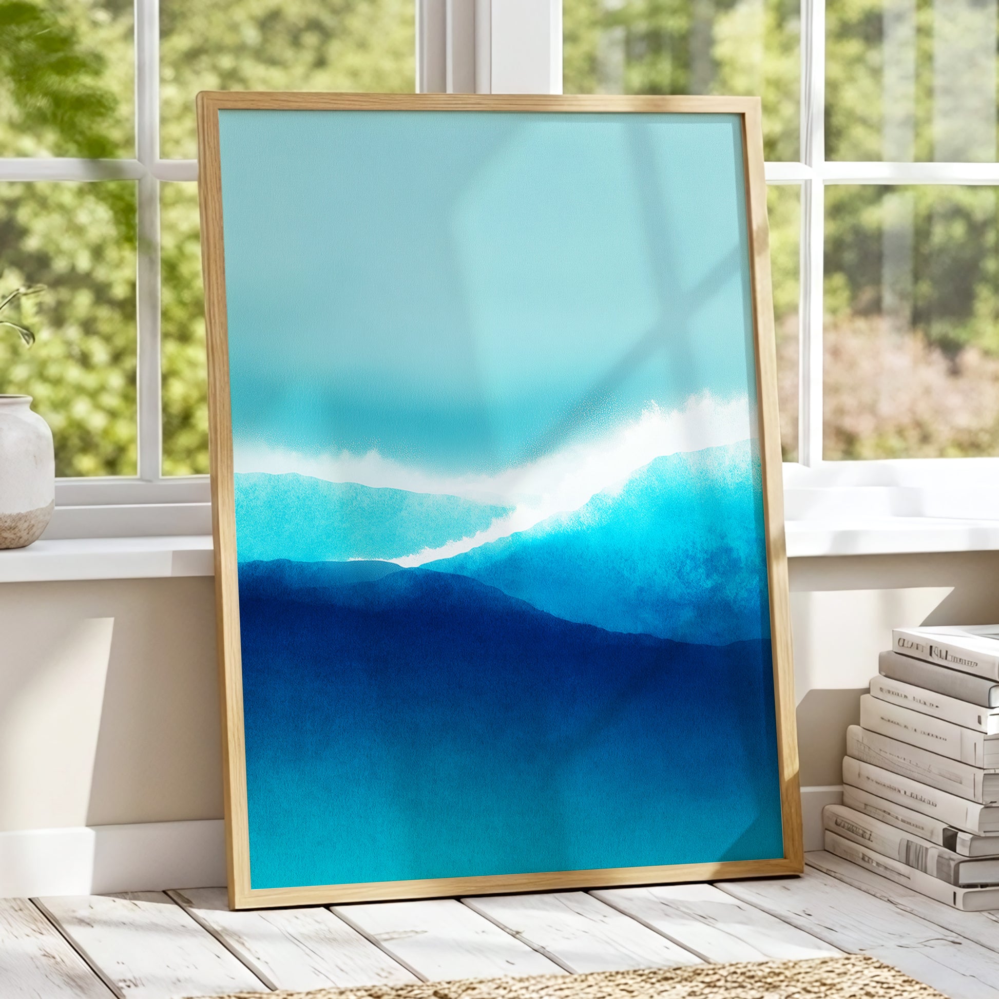 Tidal Reverie, blue, white, green nature wall art displayed in a styled interior, gallery view 9