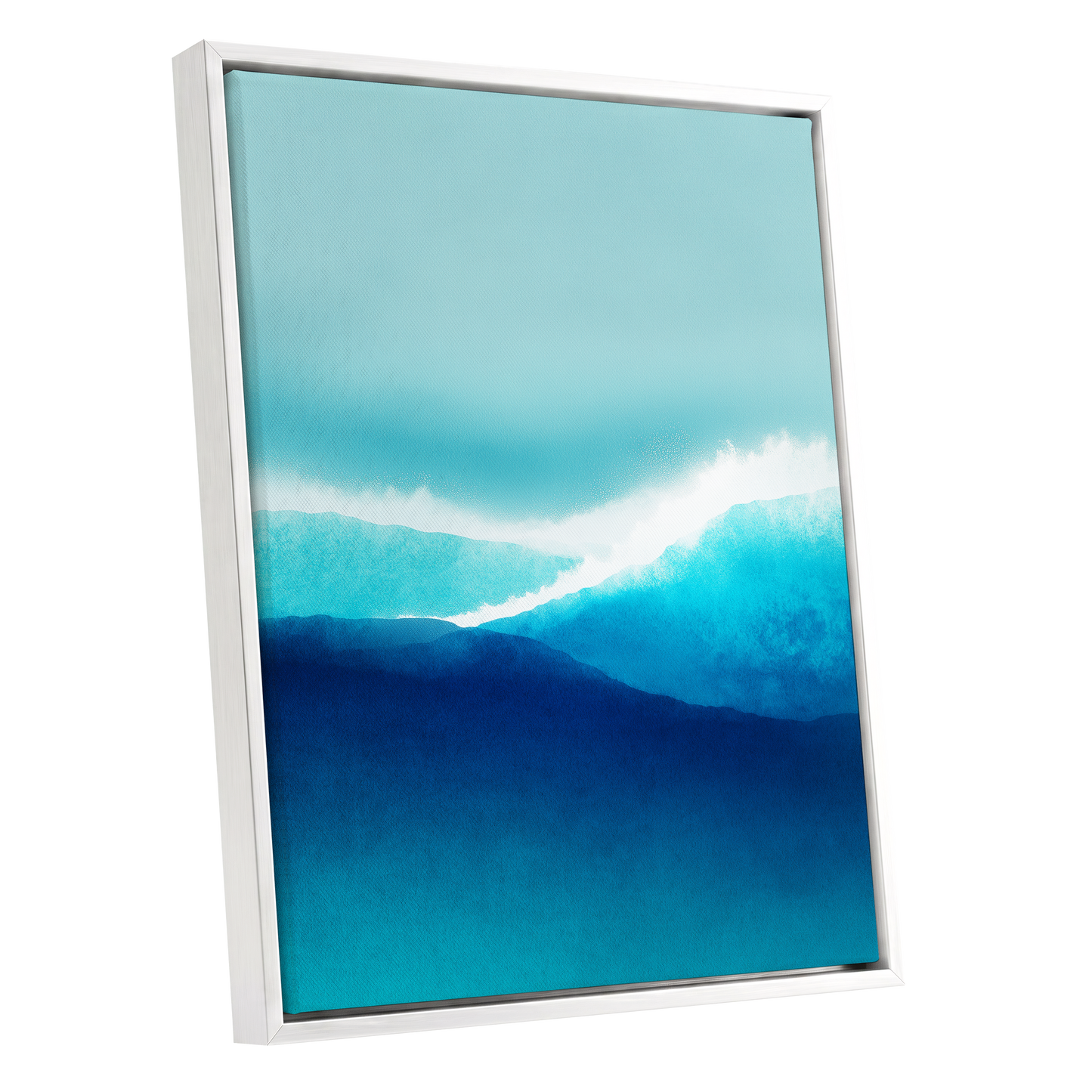 Tidal Reverie, blue, white, green nature wall art shown as a white framed canvas wall art