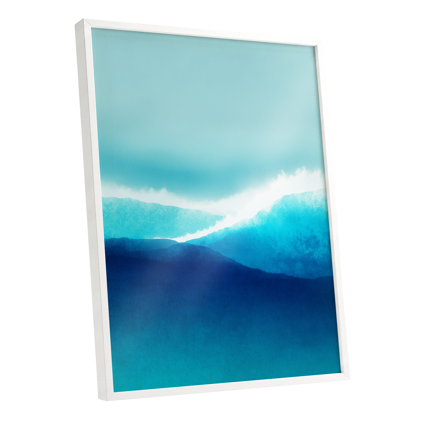 Tidal Reverie, blue, white, green nature wall art shown as a white framed poster wall art print