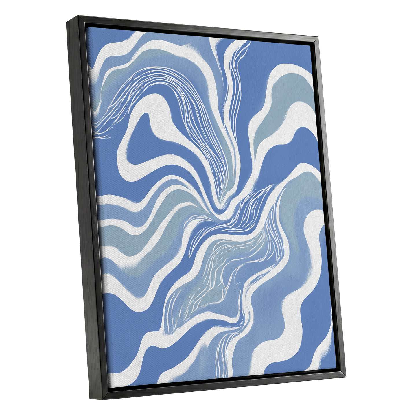 Tidal Ribbons, blue, white, gray abstract wall art shown as a black framed canvas wall art