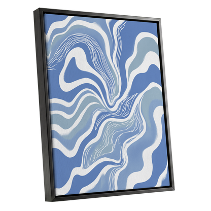 Tidal Ribbons, blue, white, gray abstract wall art shown as a black framed canvas wall art