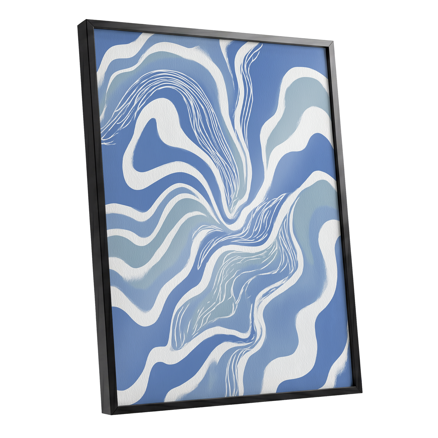 Tidal Ribbons, blue, white, gray abstract wall art shown as a black framed poster wall art print