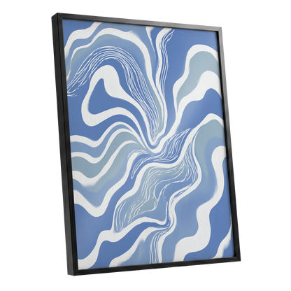 Tidal Ribbons, blue, white, gray abstract wall art shown as a black framed poster wall art print