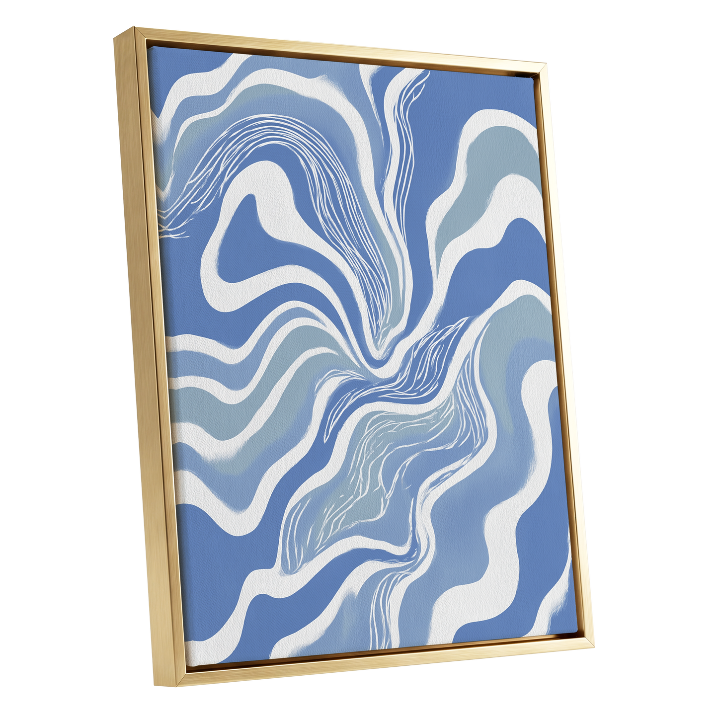 Tidal Ribbons, blue, white, gray abstract wall art shown as a gold framed canvas wall art
