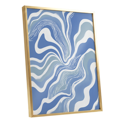 Tidal Ribbons, blue, white, gray abstract wall art shown as a gold framed poster wall art print