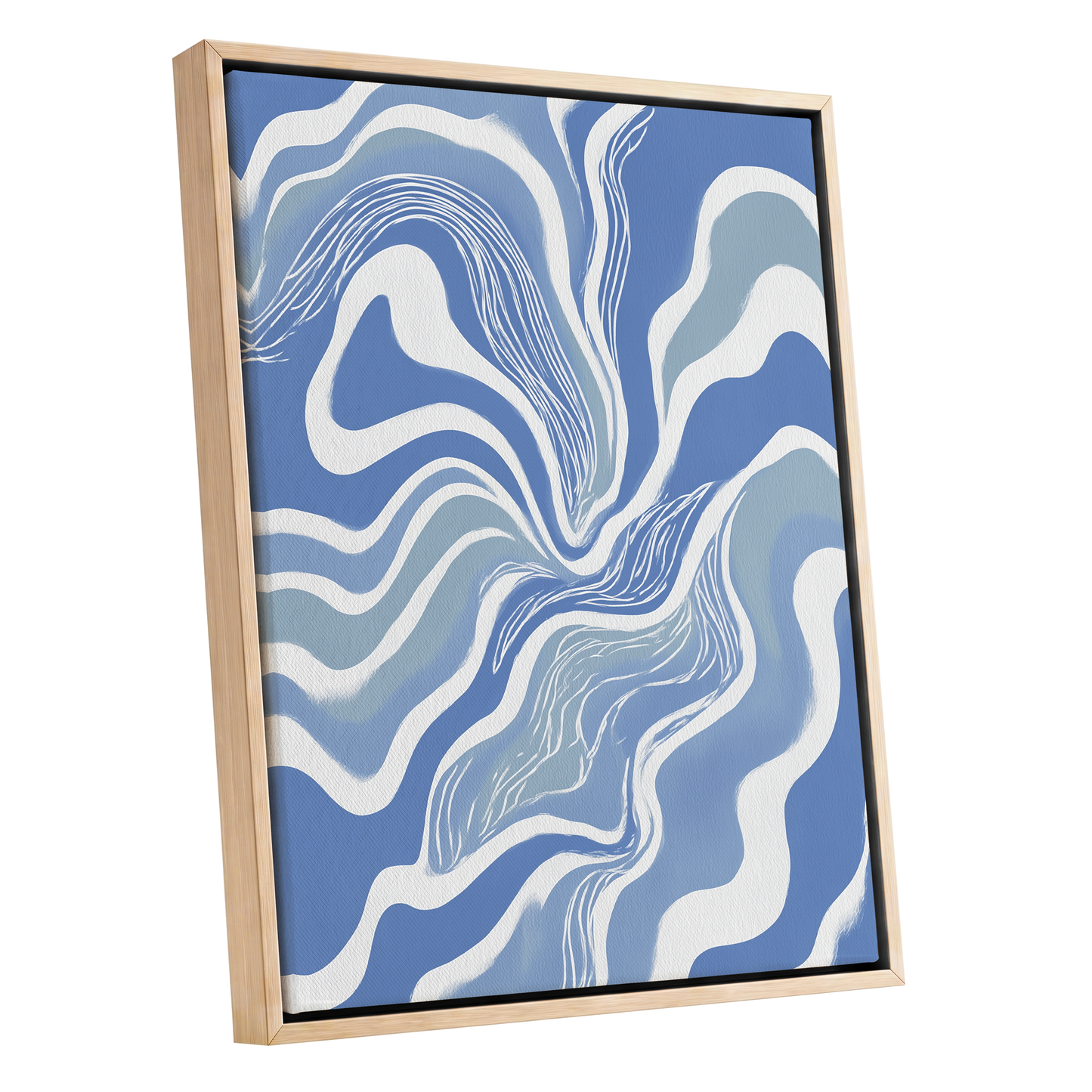Tidal Ribbons, blue, white, gray abstract wall art shown as a oak framed canvas wall art