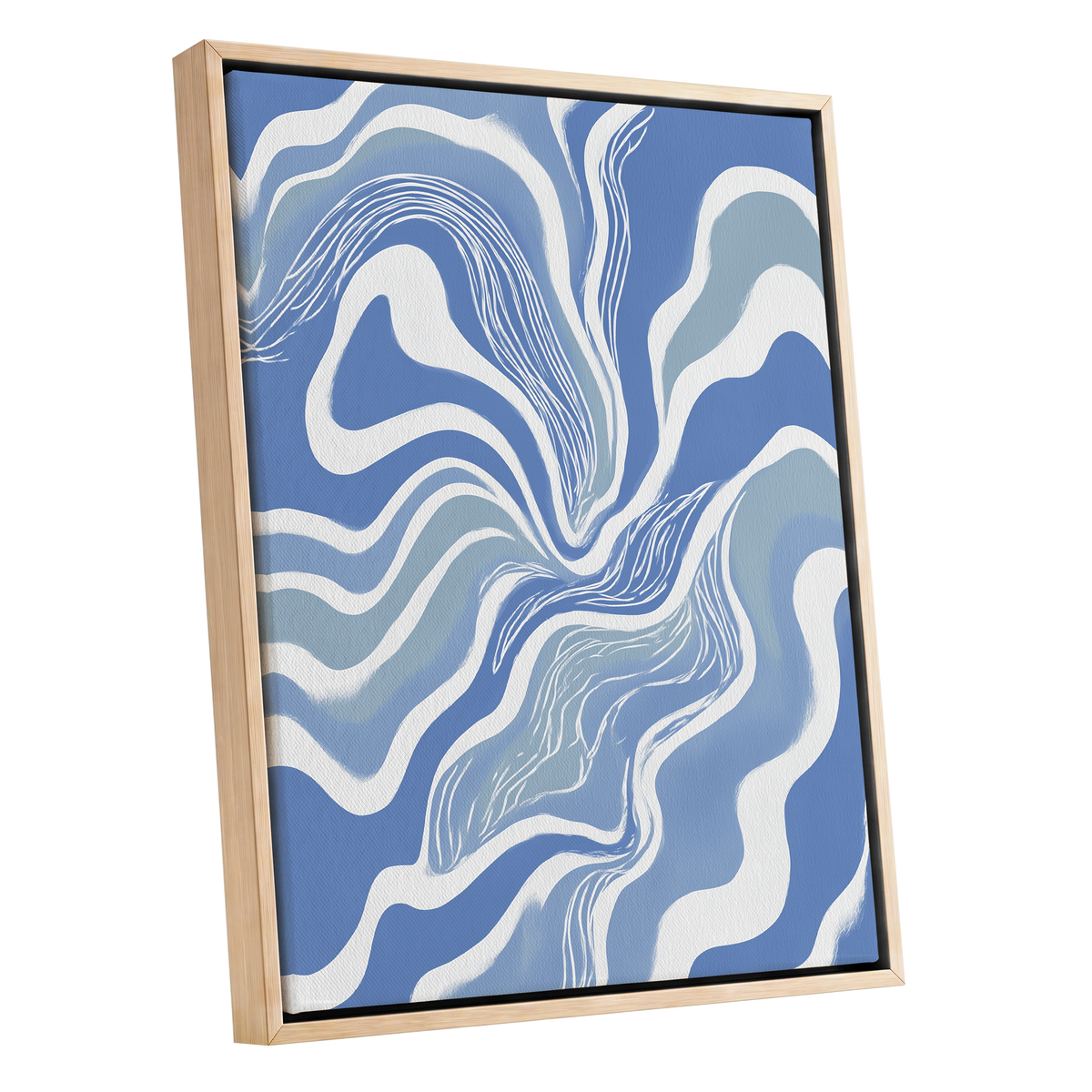 Tidal Ribbons, blue, white, gray abstract wall art shown as a oak framed canvas wall art
