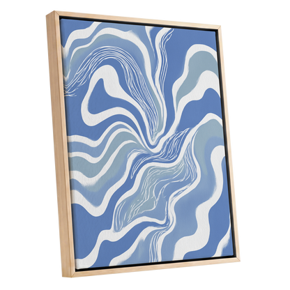 Tidal Ribbons, blue, white, gray abstract wall art shown as a oak framed canvas wall art