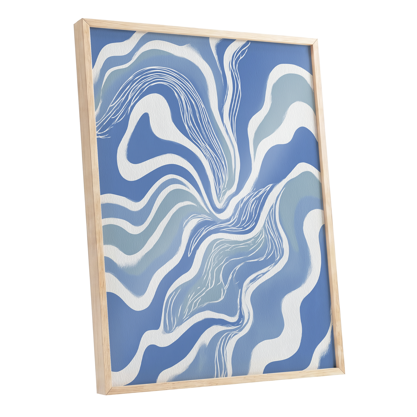 Tidal Ribbons, blue, white, gray abstract wall art shown as a oak framed poster wall art print