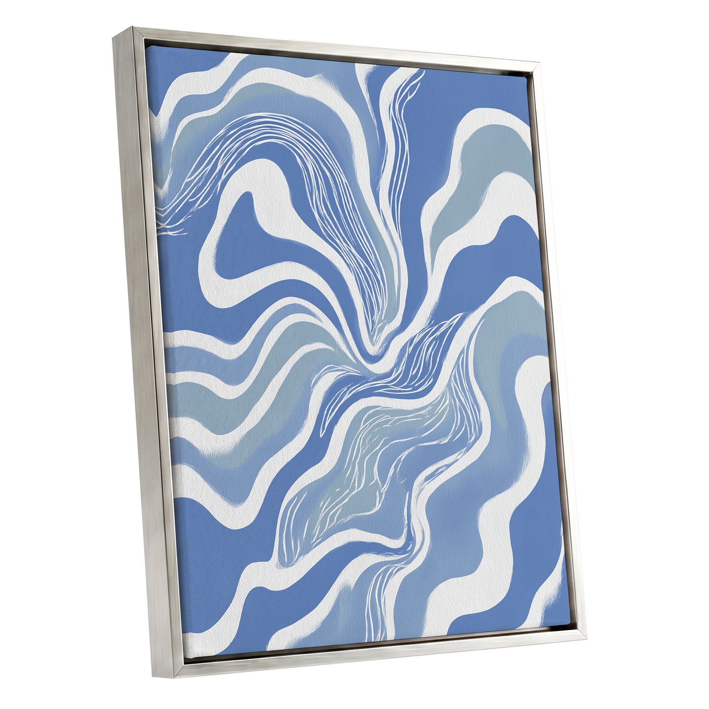 Tidal Ribbons, blue, white, gray abstract wall art shown as a silver framed canvas wall art
