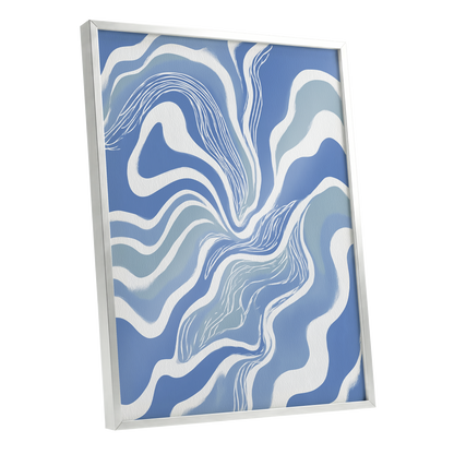Tidal Ribbons, blue, white, gray abstract wall art shown as a silver framed poster wall art print
