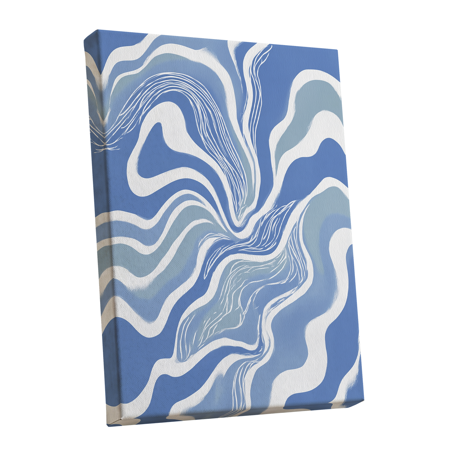 Tidal Ribbons, blue, white, gray abstract wall art shown as a stretched canvas wall art