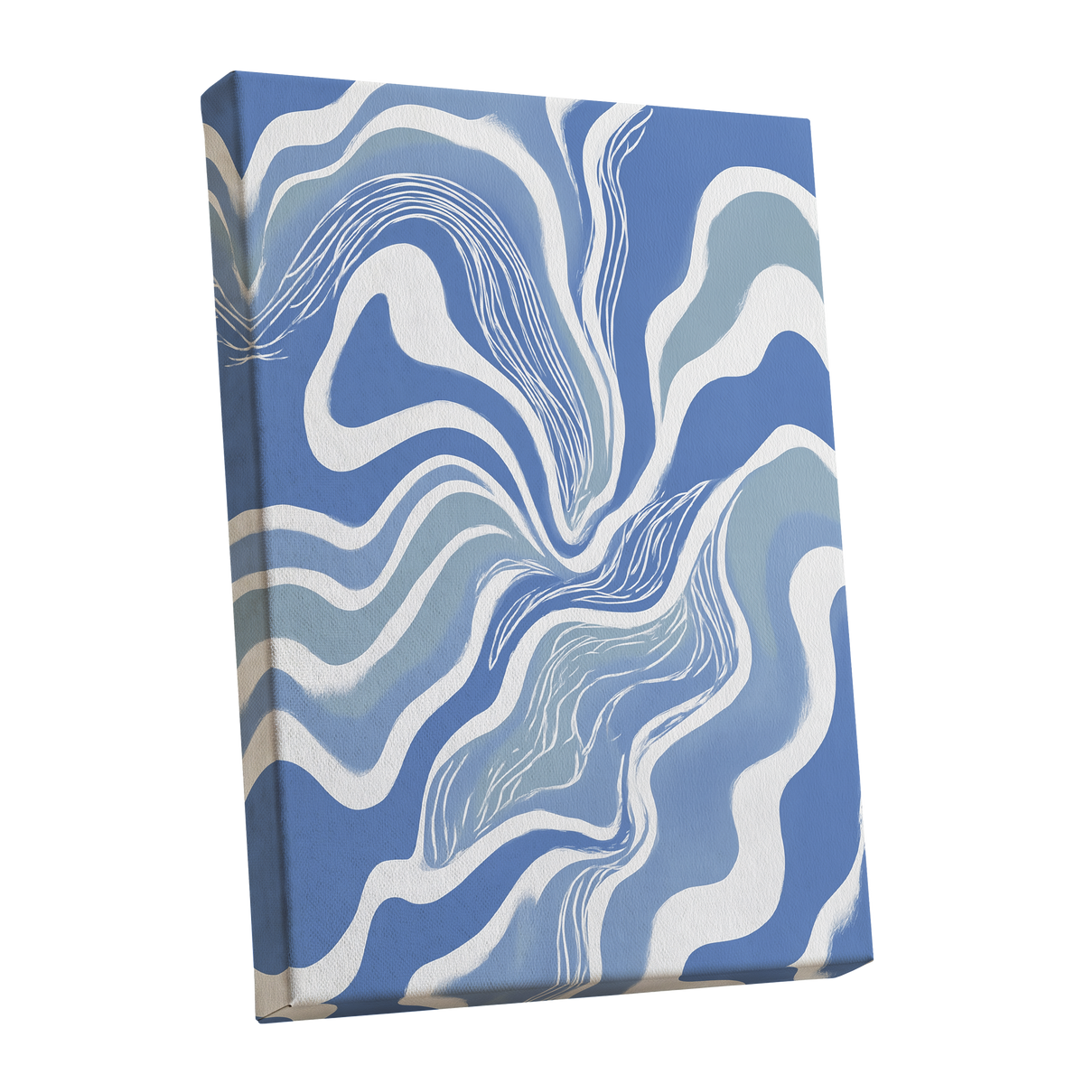 Tidal Ribbons, blue, white, gray abstract wall art shown as a stretched canvas wall art