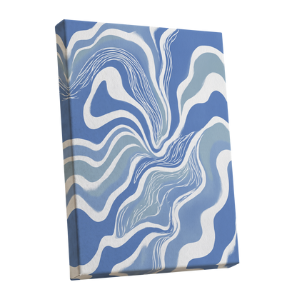 Tidal Ribbons, blue, white, gray abstract wall art shown as a stretched canvas wall art