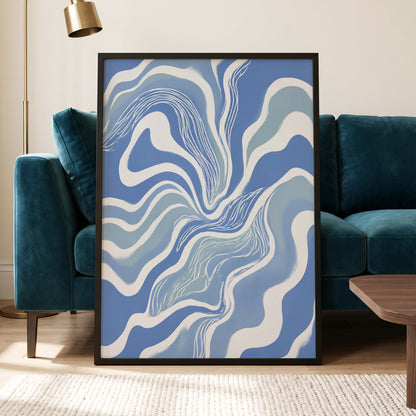 Tidal Ribbons, blue, white, gray abstract wall art displayed in a styled interior, gallery view 2