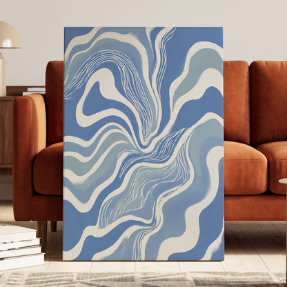 Tidal Ribbons, blue, white, gray abstract wall art displayed in a styled interior, gallery view 3