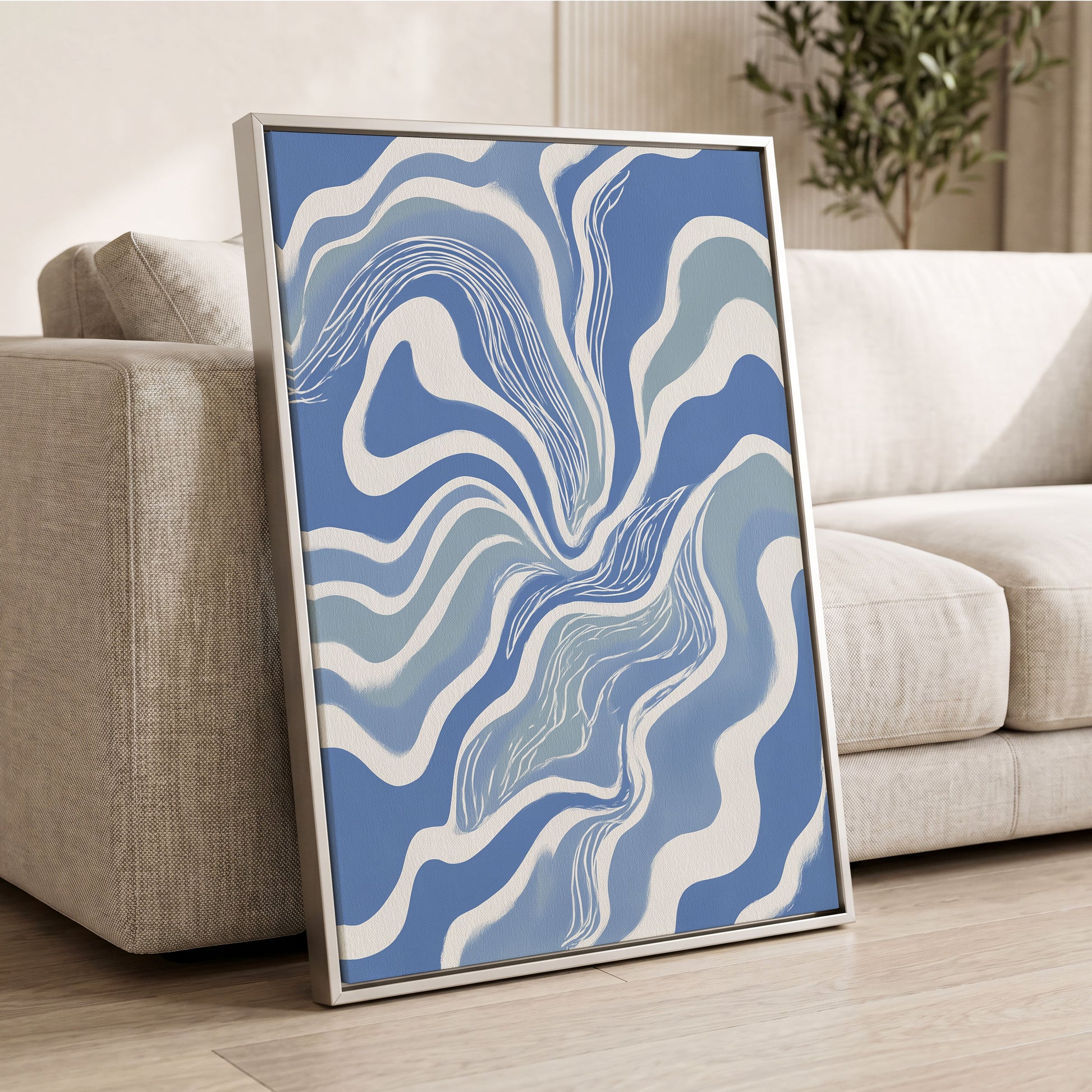 Tidal Ribbons, blue, white, gray abstract wall art displayed in a styled interior, gallery view 4