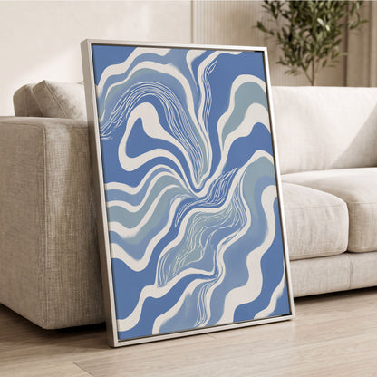 Tidal Ribbons, blue, white, gray abstract wall art displayed in a styled interior, gallery view 4