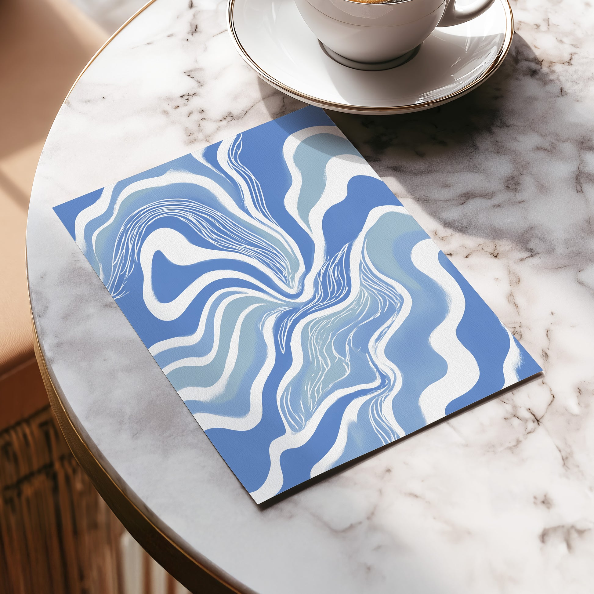 Tidal Ribbons, blue, white, gray abstract wall art displayed in a styled interior, gallery view 5