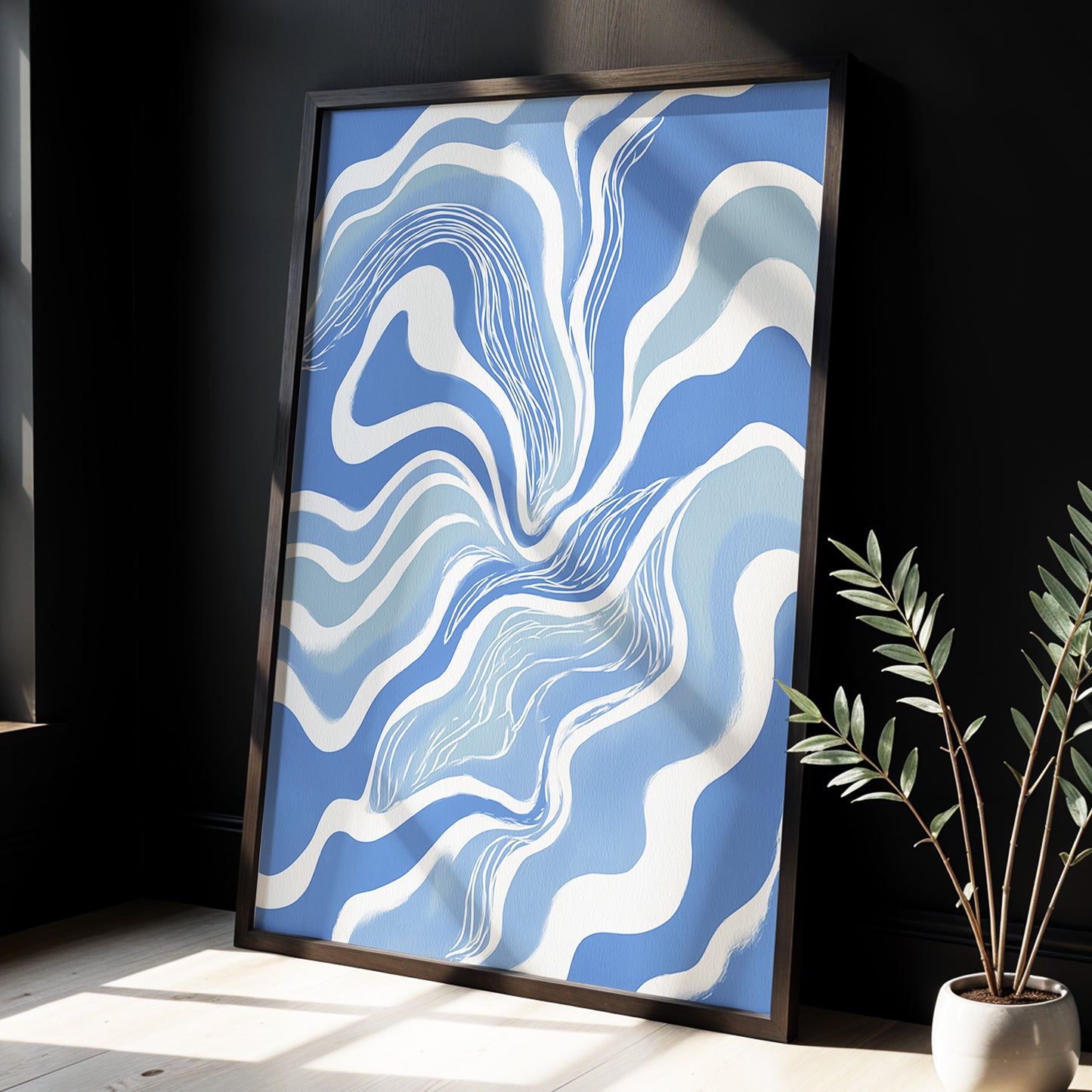 Tidal Ribbons, blue, white, gray abstract wall art displayed in a styled interior, gallery view 6