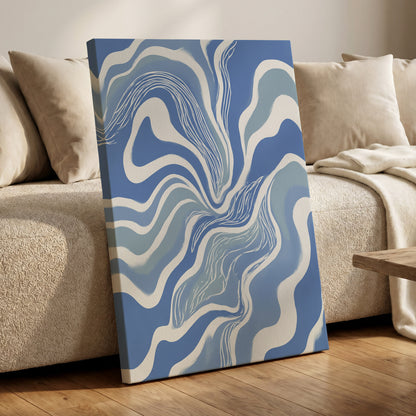 Tidal Ribbons, blue, white, gray abstract wall art displayed in a styled interior, gallery view 7