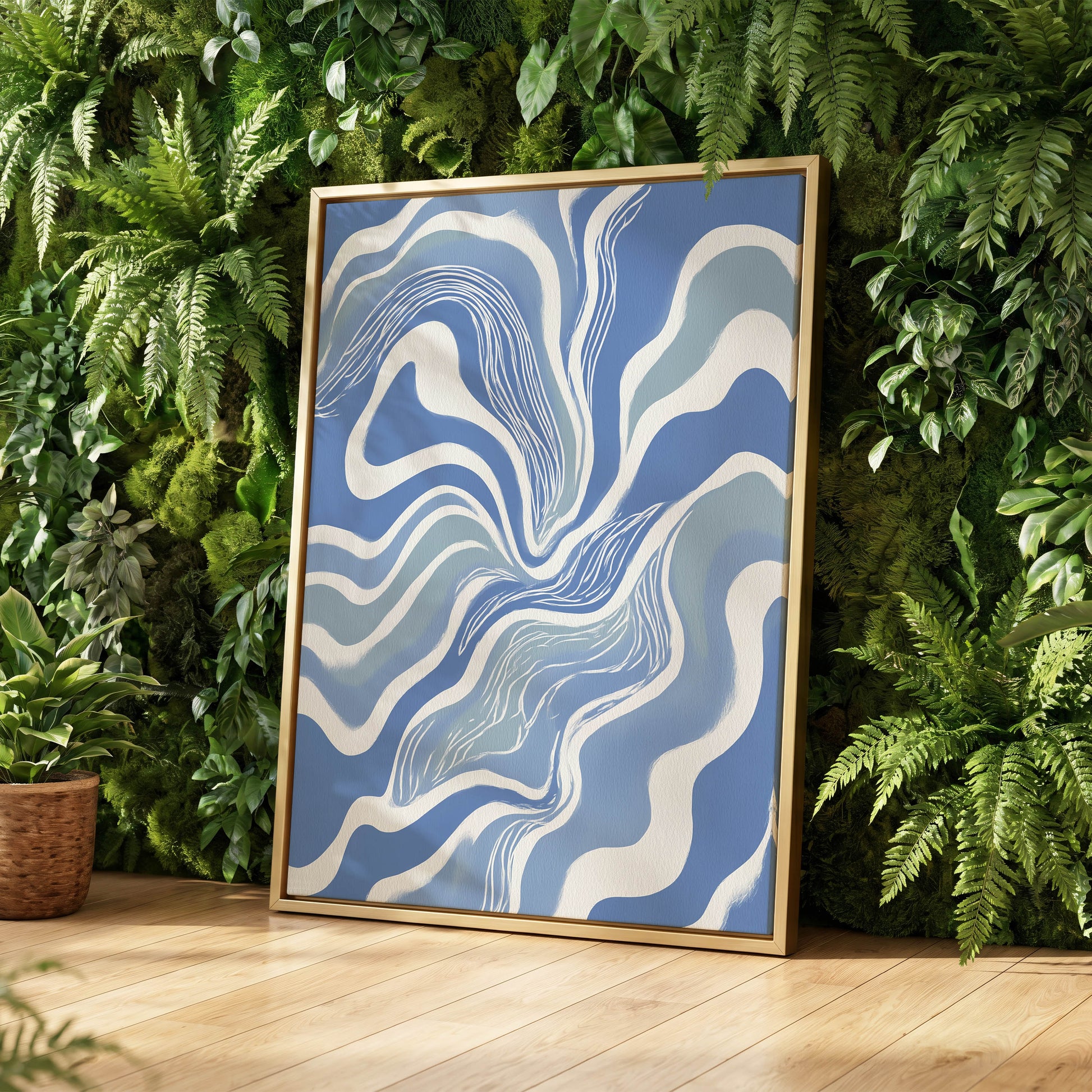 Tidal Ribbons, blue, white, gray abstract wall art displayed in a styled interior, gallery view 8