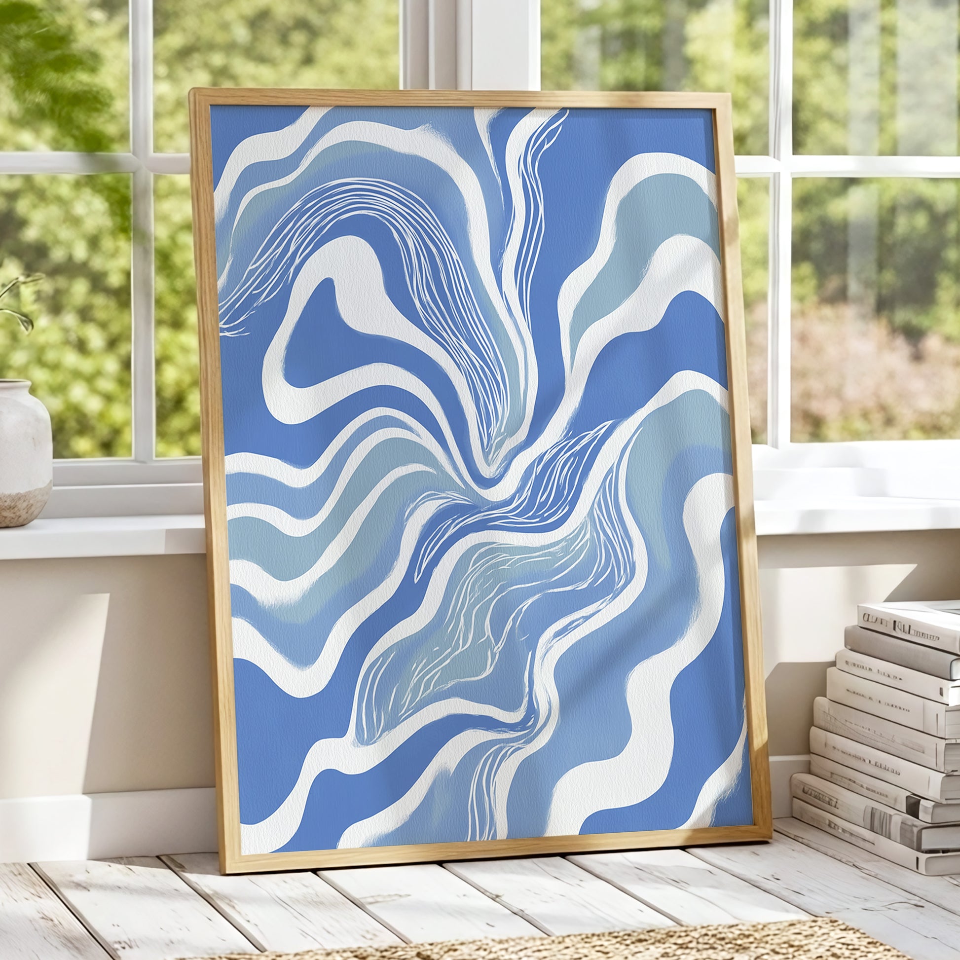 Tidal Ribbons, blue, white, gray abstract wall art displayed in a styled interior, gallery view 9