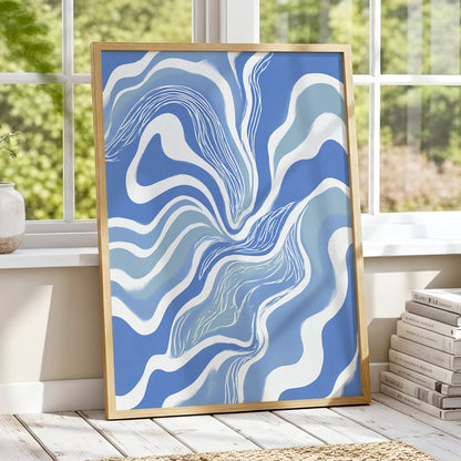 Tidal Ribbons, blue, white, gray abstract wall art displayed in a styled interior, gallery view 9