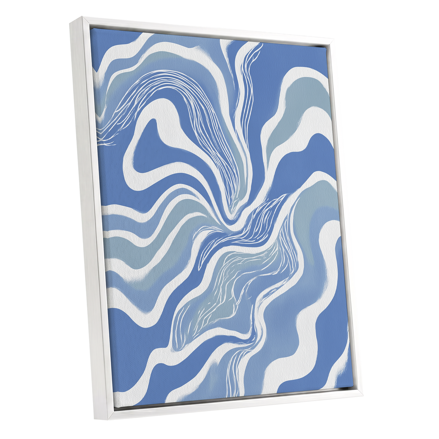 Tidal Ribbons, blue, white, gray abstract wall art shown as a white framed canvas wall art