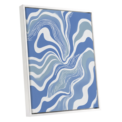 Tidal Ribbons, blue, white, gray abstract wall art shown as a white framed canvas wall art
