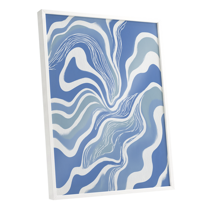 Tidal Ribbons, blue, white, gray abstract wall art shown as a white framed poster wall art print