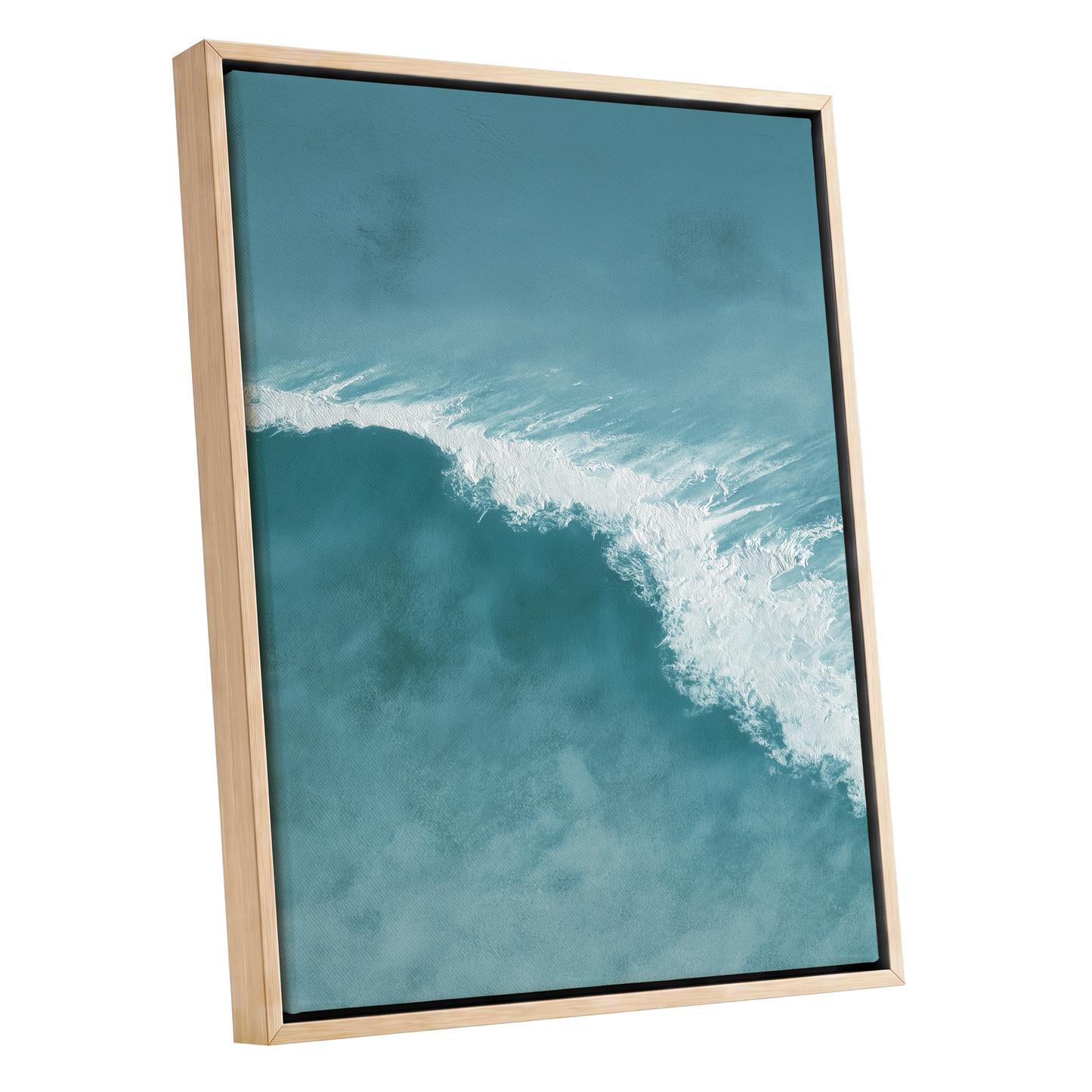 Tidal Silence, blue, white, gray nature wall art shown as a oak framed canvas wall art