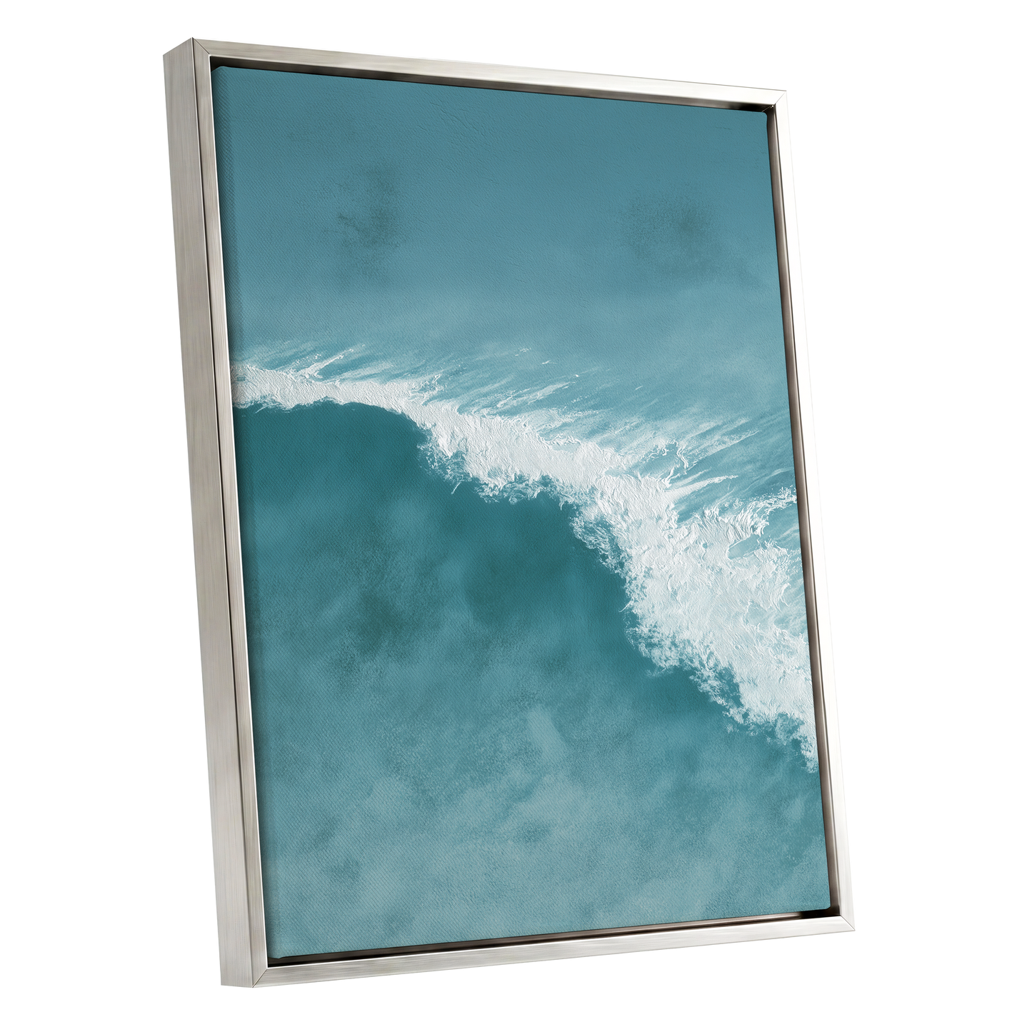 Tidal Silence, blue, white, gray nature wall art shown as a silver framed canvas wall art
