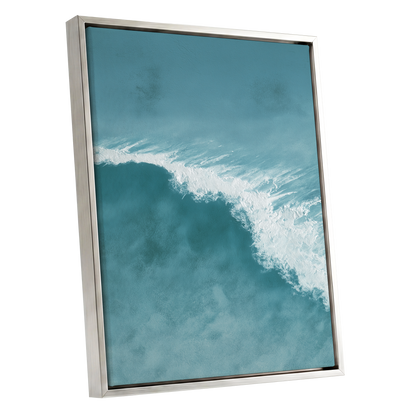 Tidal Silence, blue, white, gray nature wall art shown as a silver framed canvas wall art