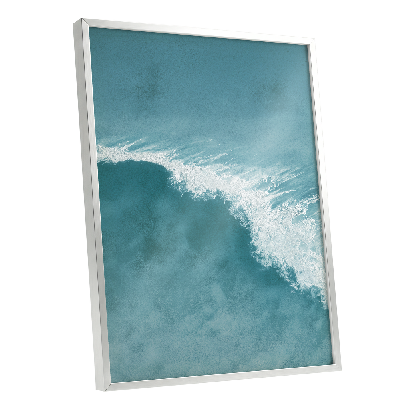 Tidal Silence, blue, white, gray nature wall art shown as a silver framed poster wall art print