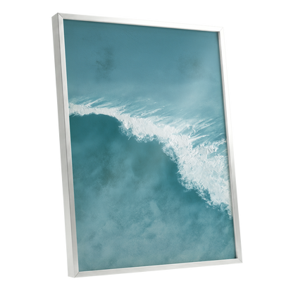 Tidal Silence, blue, white, gray nature wall art shown as a silver framed poster wall art print