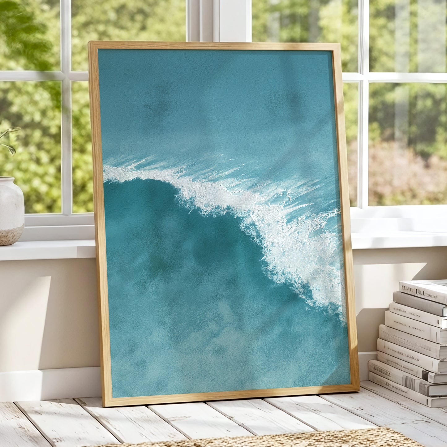 Tidal Silence, blue, white, gray nature wall art displayed in a styled interior, gallery view 2