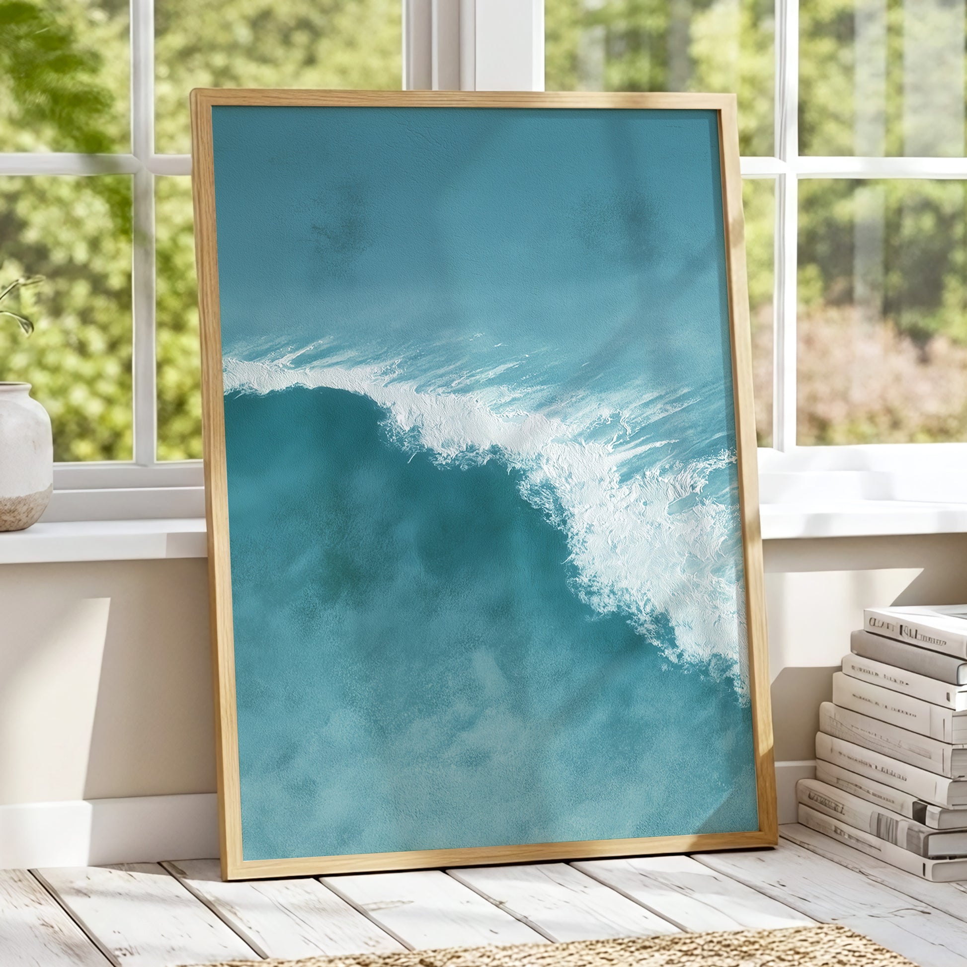 Tidal Silence, blue, white, gray nature wall art displayed in a styled interior, gallery view 2