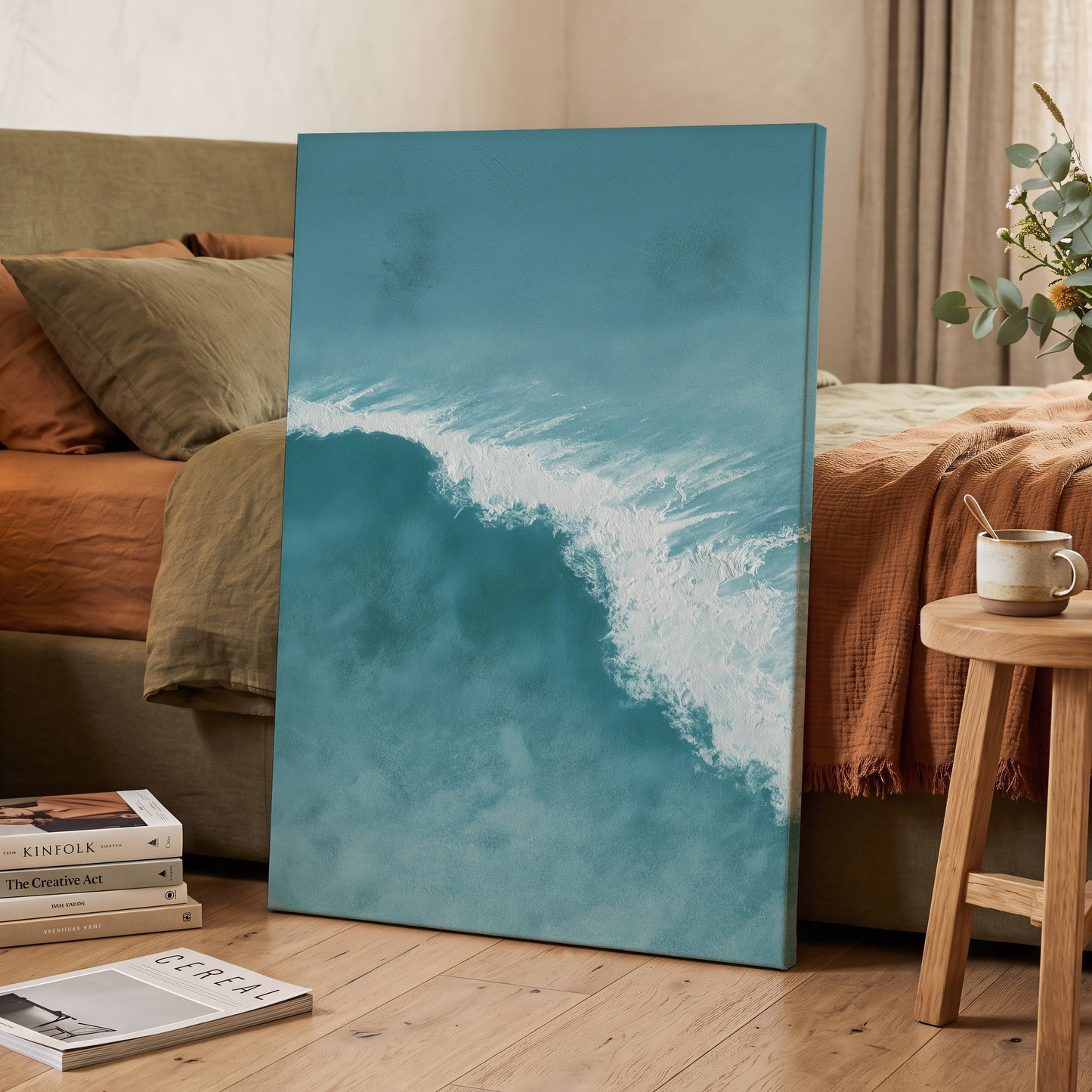 Tidal Silence, blue, white, gray nature wall art displayed in a styled interior, gallery view 3