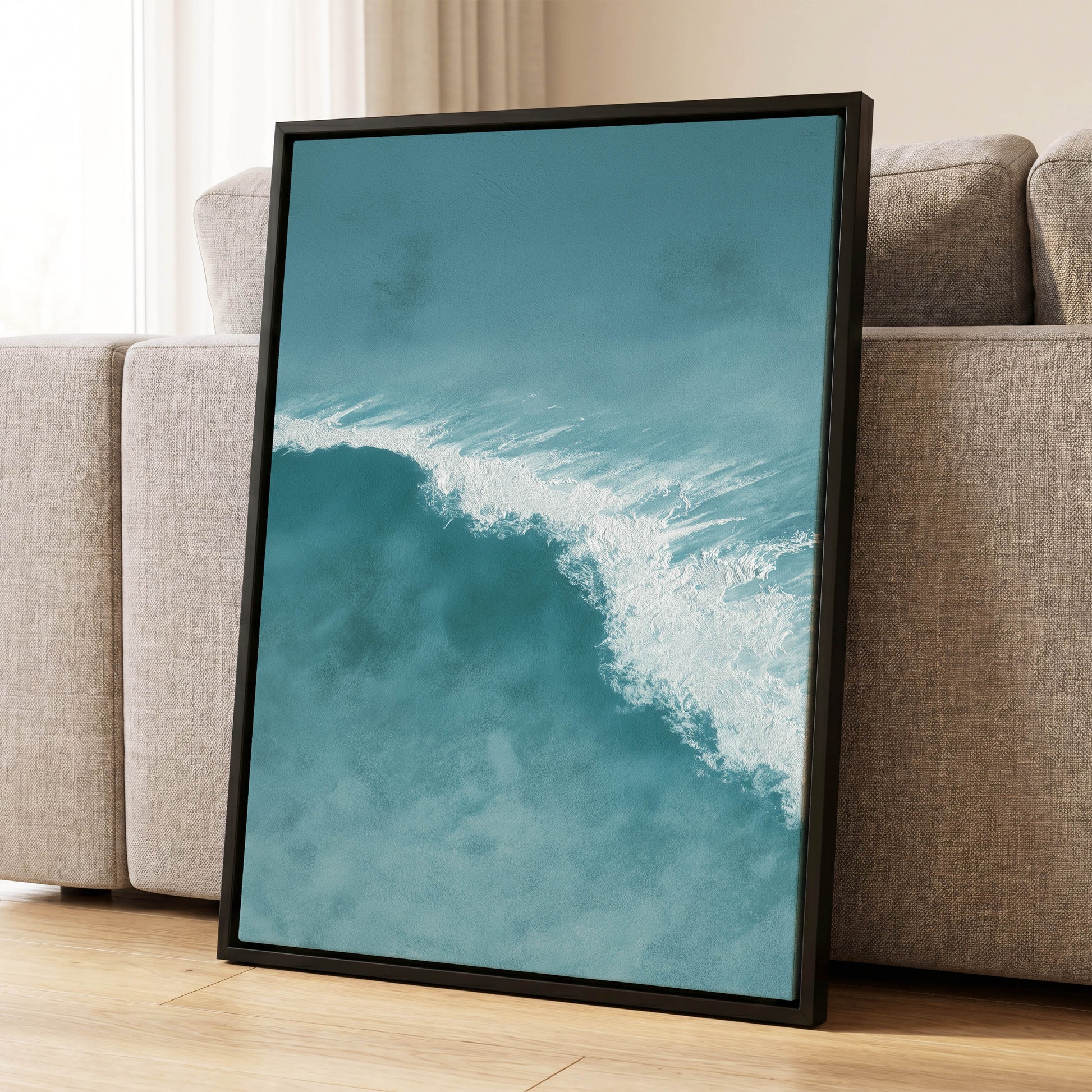 Tidal Silence, blue, white, gray nature wall art displayed in a styled interior, gallery view 4