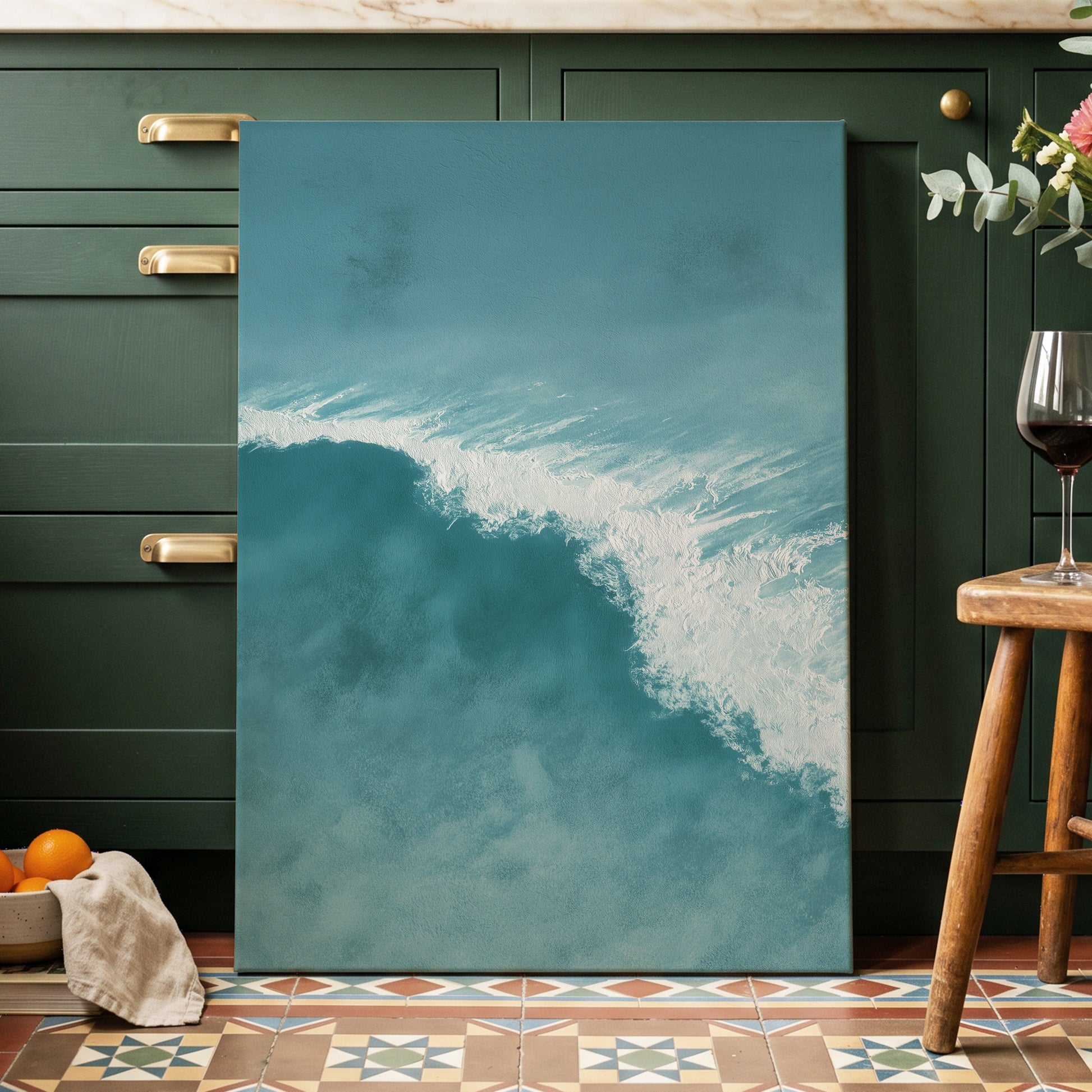 Tidal Silence, blue, white, gray nature wall art displayed in a styled interior, gallery view 7