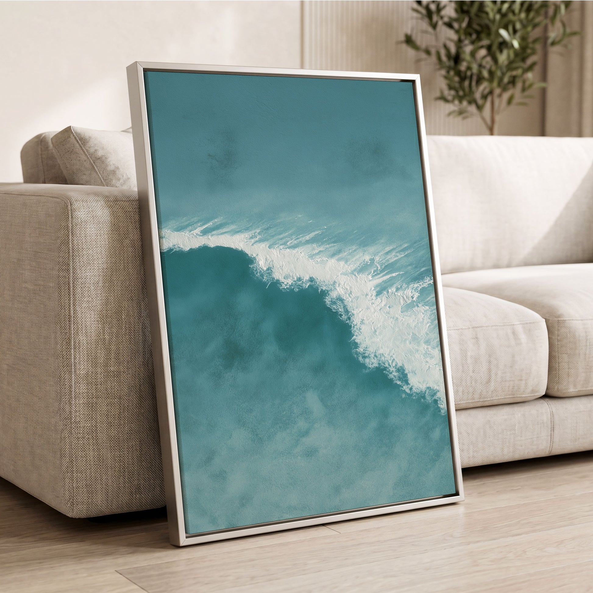 Tidal Silence, blue, white, gray nature wall art displayed in a styled interior, gallery view 8
