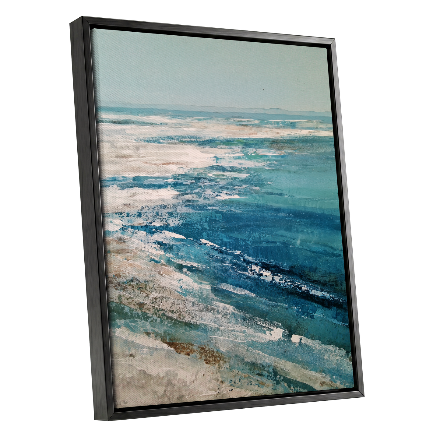 Tidal Stillness, blue, white, beige nature wall art shown as a black framed canvas wall art