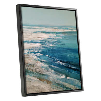 Tidal Stillness, blue, white, beige nature wall art shown as a black framed canvas wall art