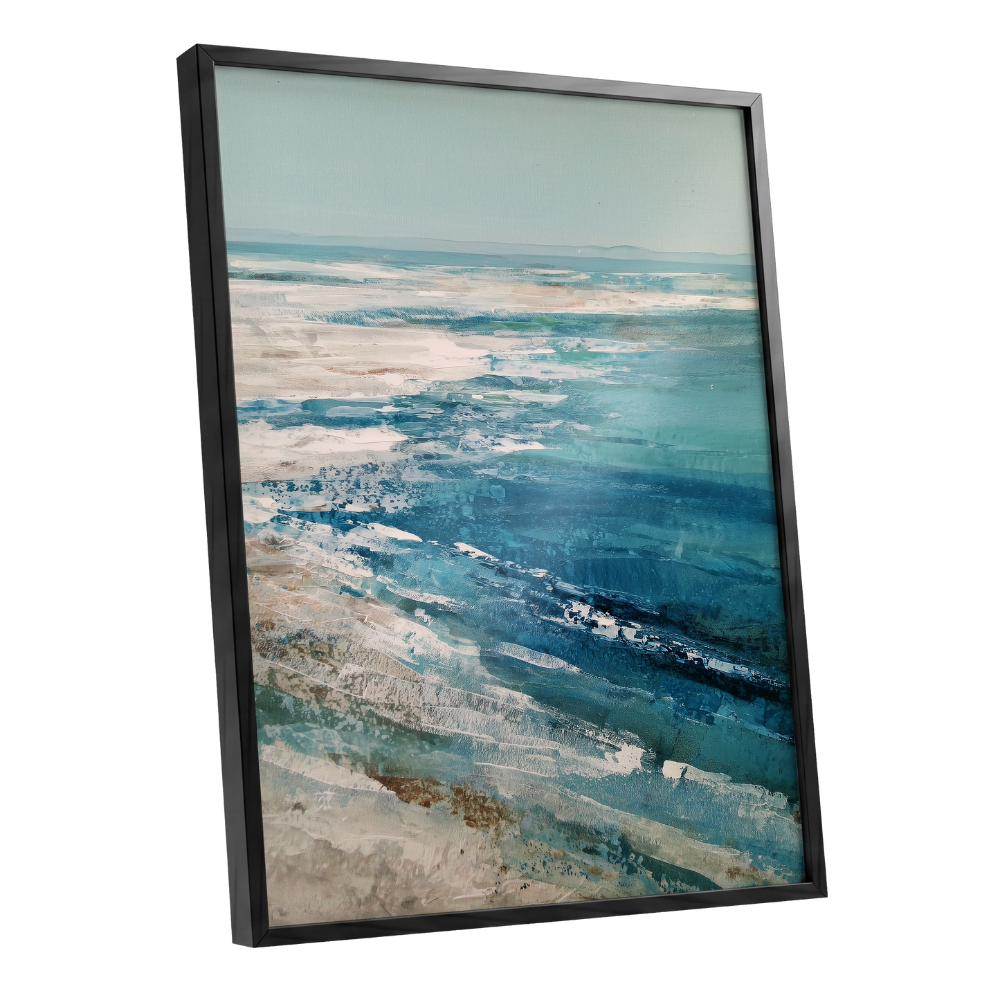Tidal Stillness, blue, white, beige nature wall art shown as a black framed poster wall art print