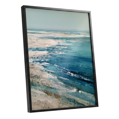 Tidal Stillness, blue, white, beige nature wall art shown as a black framed poster wall art print